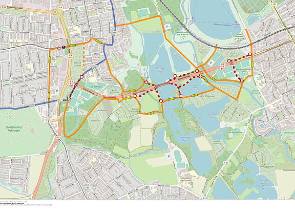 Auf einer Stadtkarte sind die Umleitungen in orange eingezeichnet, um die Baustellensperrungen am Südschnellweg in Hannover zu umfahren.